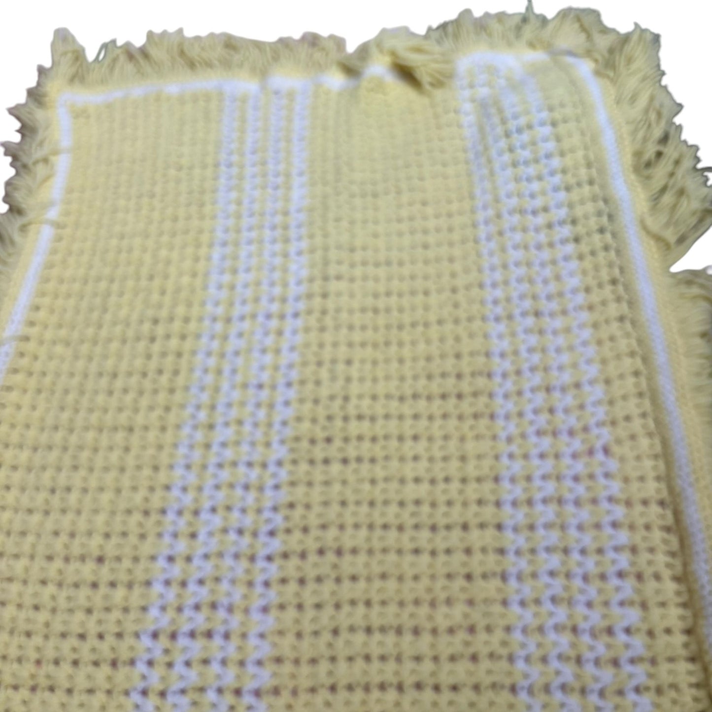 Handmade Yellow White Crochet Throw Baby Blanket Yarn Fringe Edges 35 x 60