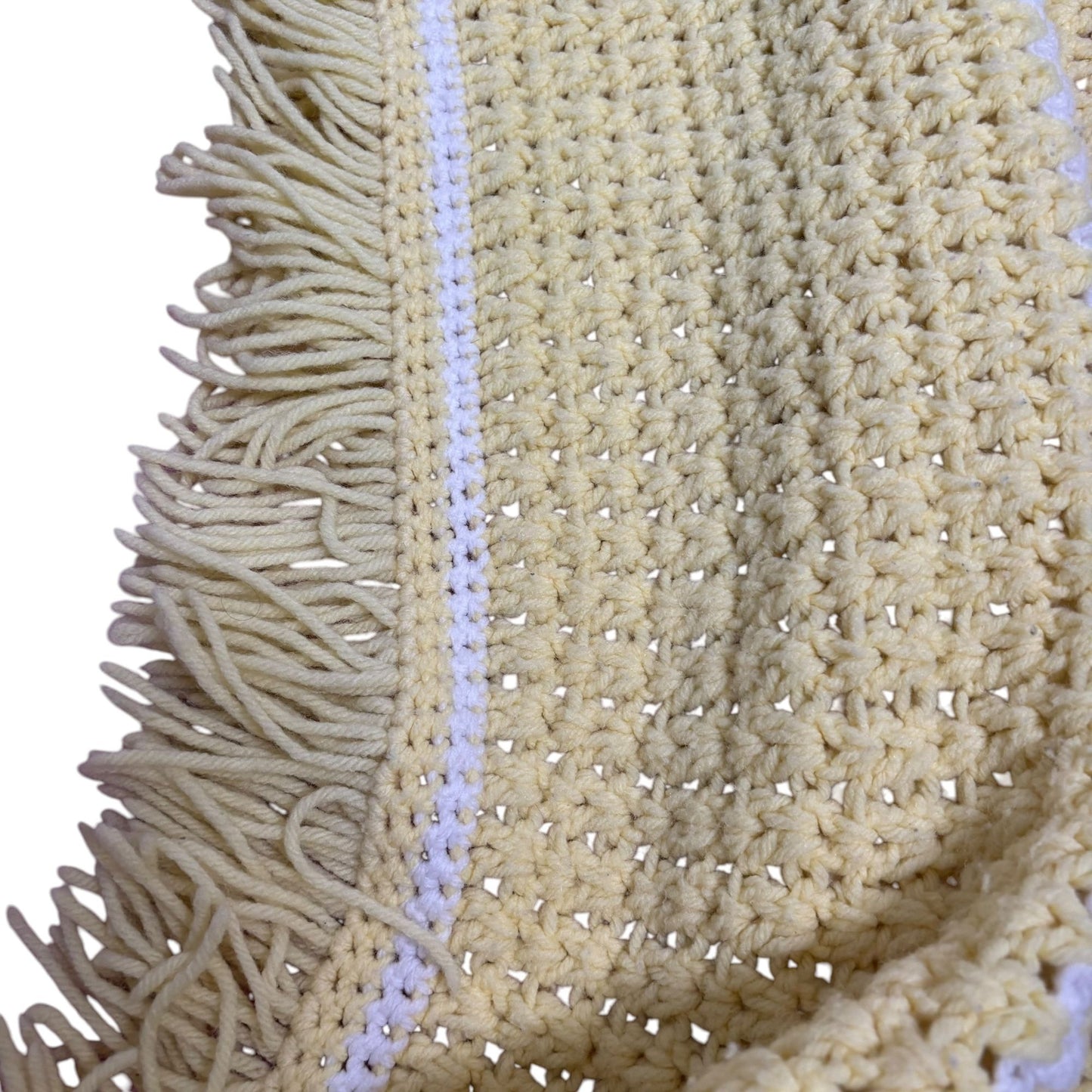 Handmade Yellow White Crochet Throw Baby Blanket Yarn Fringe Edges 35 x 60