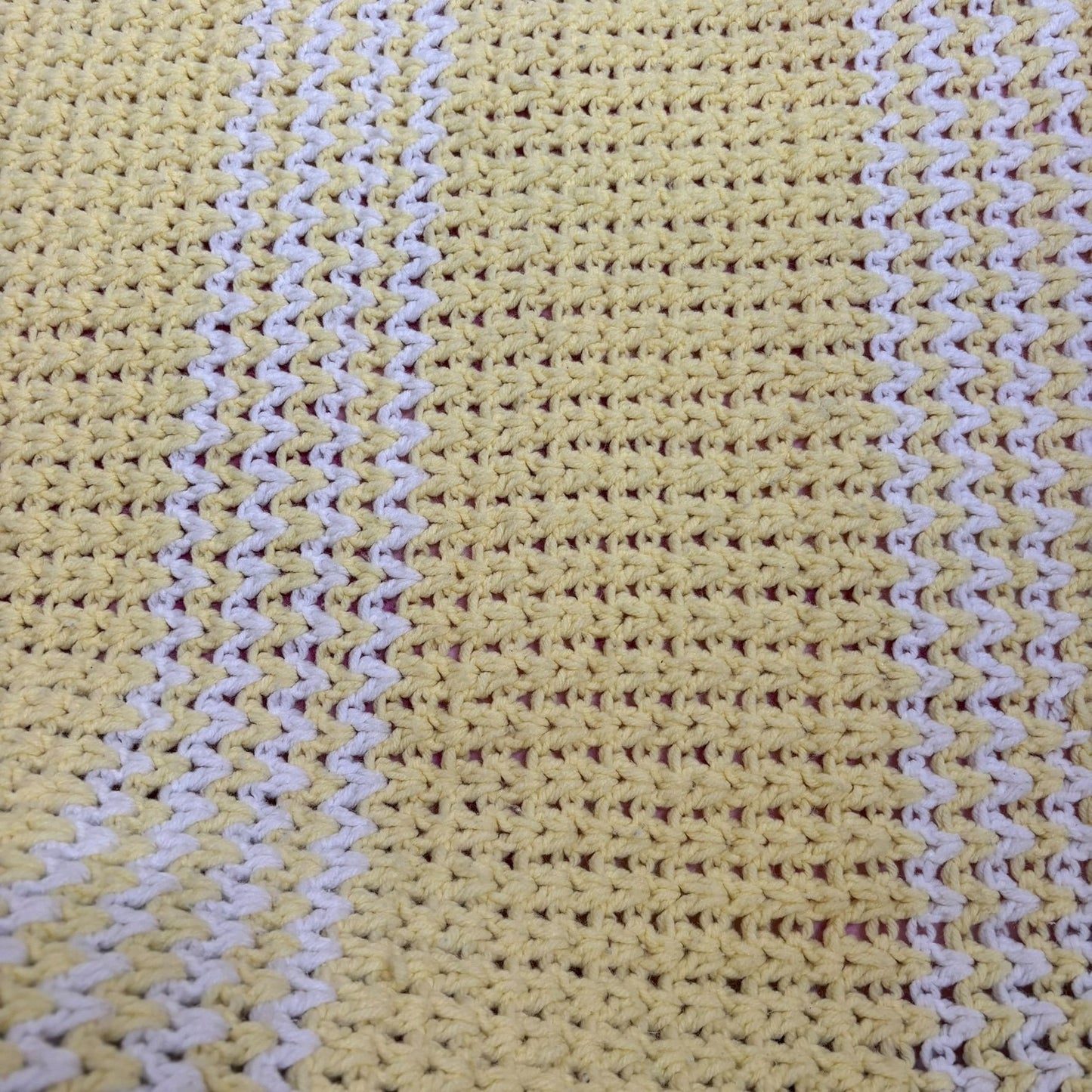 Handmade Yellow White Crochet Throw Baby Blanket Yarn Fringe Edges 35 x 60