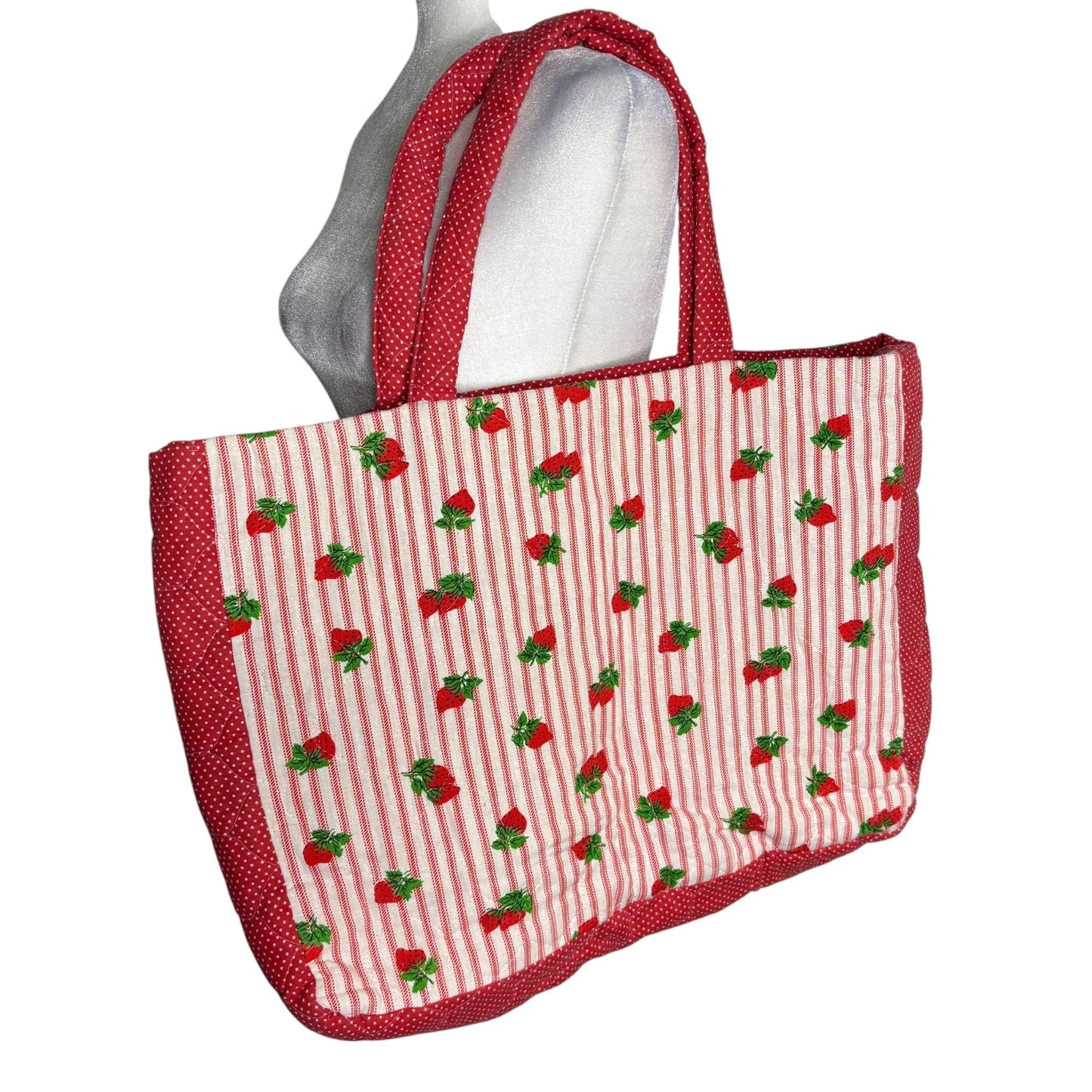 Handmade Quilted Strawberry Print Tote Bag Large Red Striped Inner Pockets