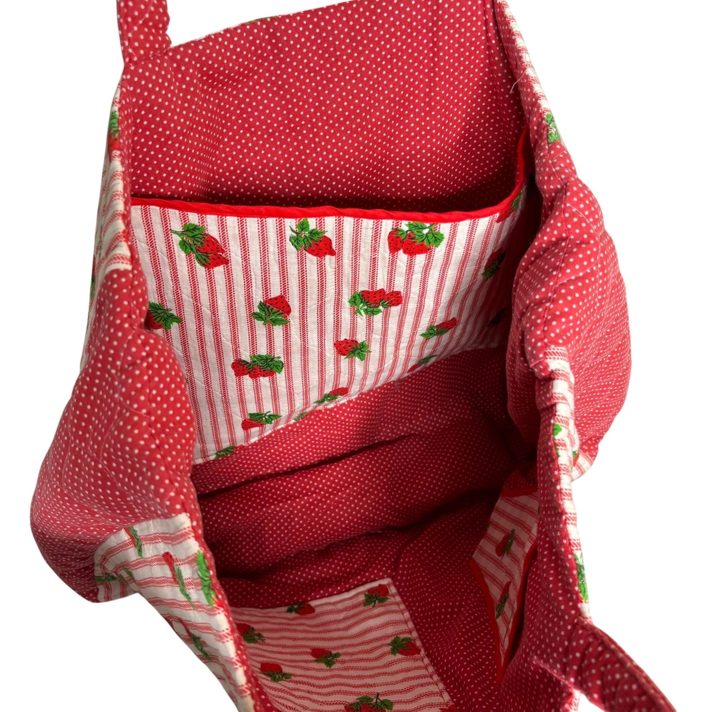 Handmade Quilted Strawberry Print Tote Bag Large Red Striped Inner Pockets
