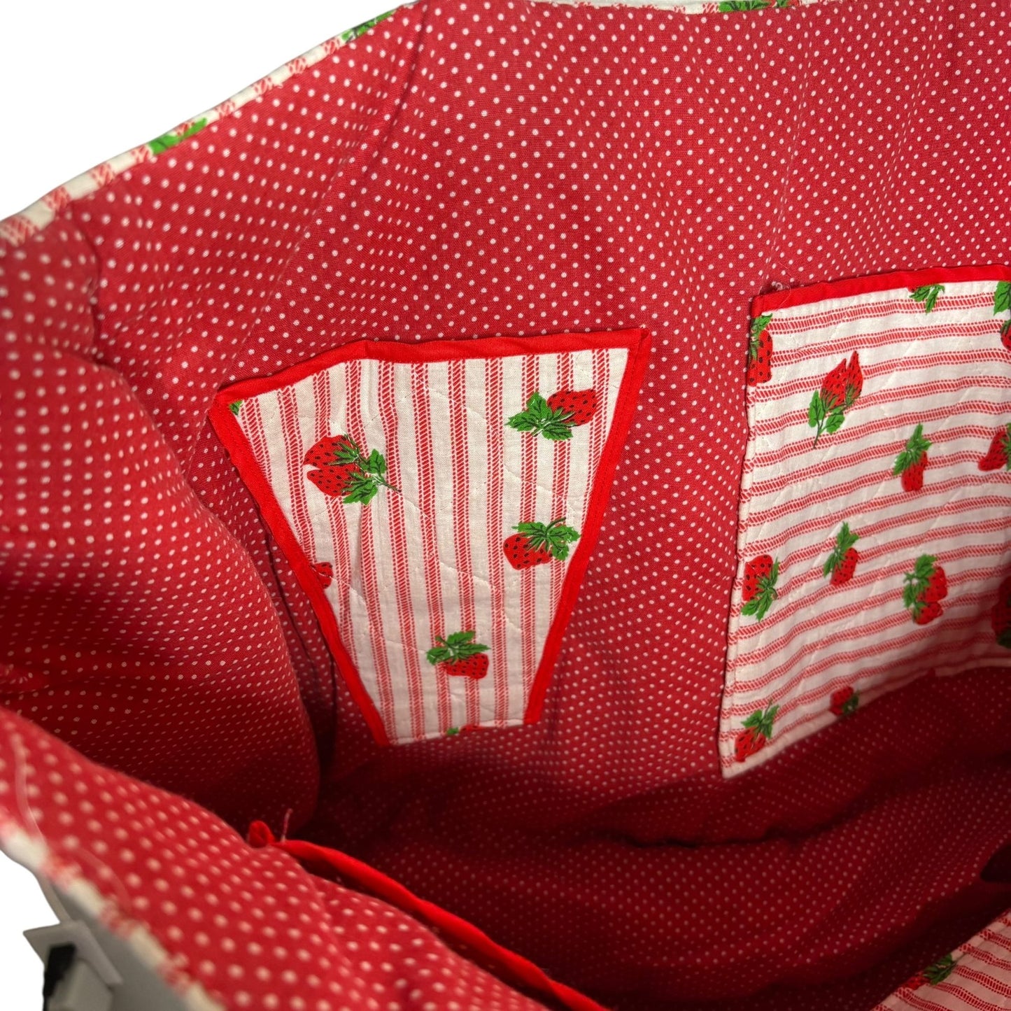 Handmade Quilted Strawberry Print Tote Bag Large Red Striped Inner Pockets