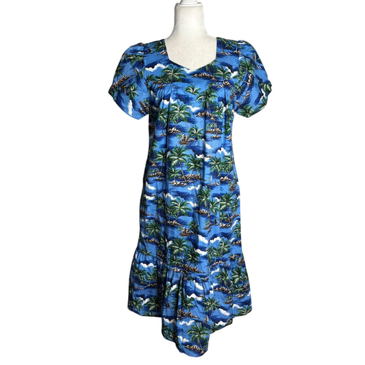 CT Hawaii Fashions Hawaiian Tropical Maxi Dress Size M Blue Short Sleeve Cotton