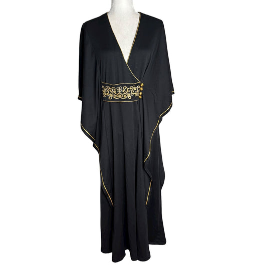 Vintage 70s Rue Rodeo Embellished Kaftan Dress Large Black Gold Stretch Maxi