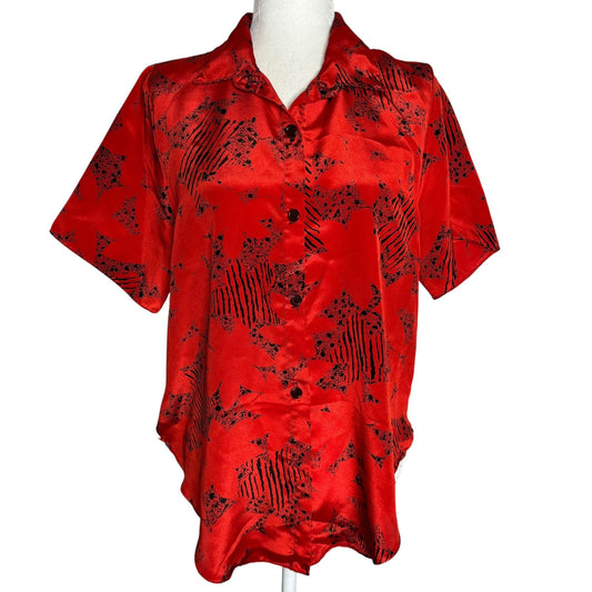 Vintage 80s Red Black Button Up Blouse Medium Short Sleeve Abstract Print