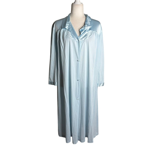 Vintage 80s Vanity Fair Blue Nylon Button Front Robe XXL Nightgown Embroidered