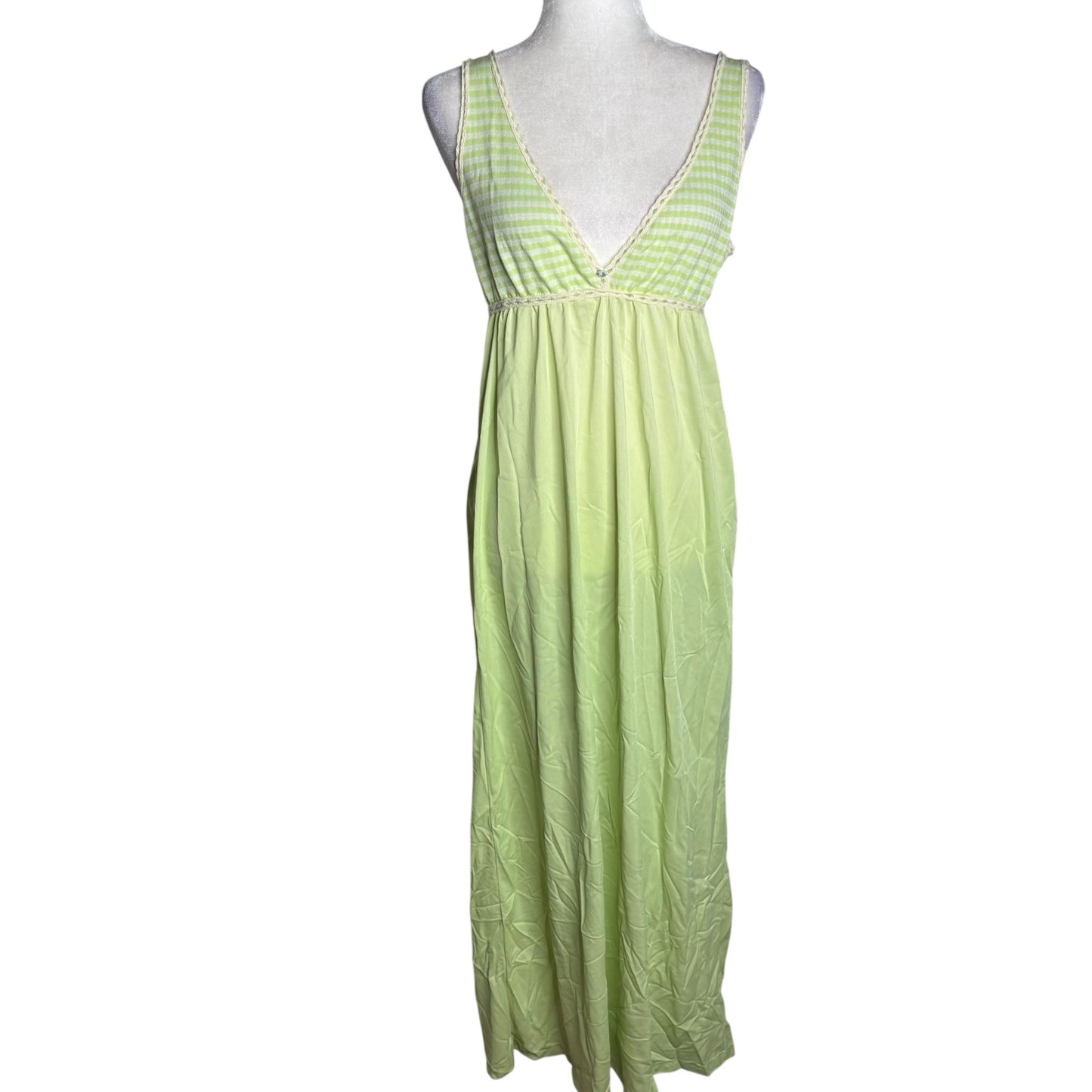Vintage 70s Lime Green Striped Nylon Sleeveless Nightgown Plunge Neck Medium