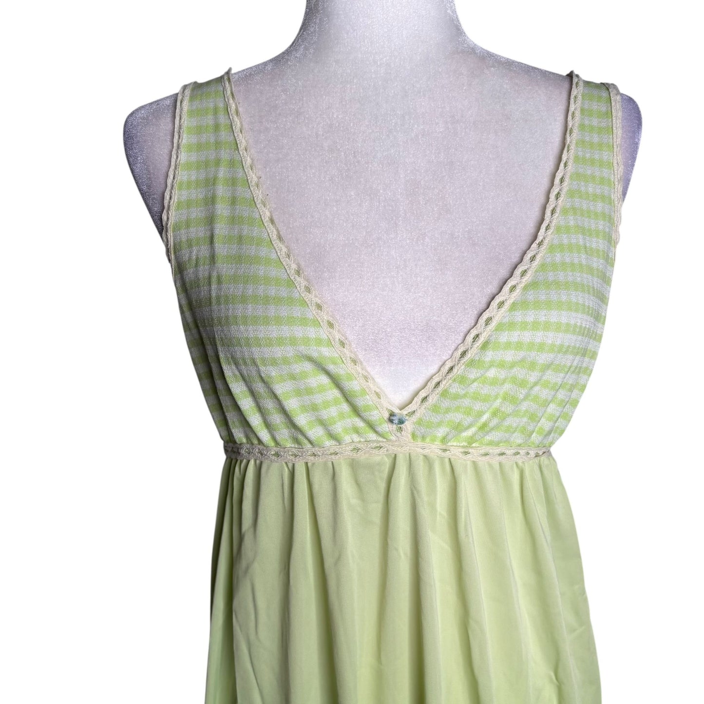 Vintage 70s Lime Green Striped Nylon Sleeveless Nightgown Plunge Neck Medium