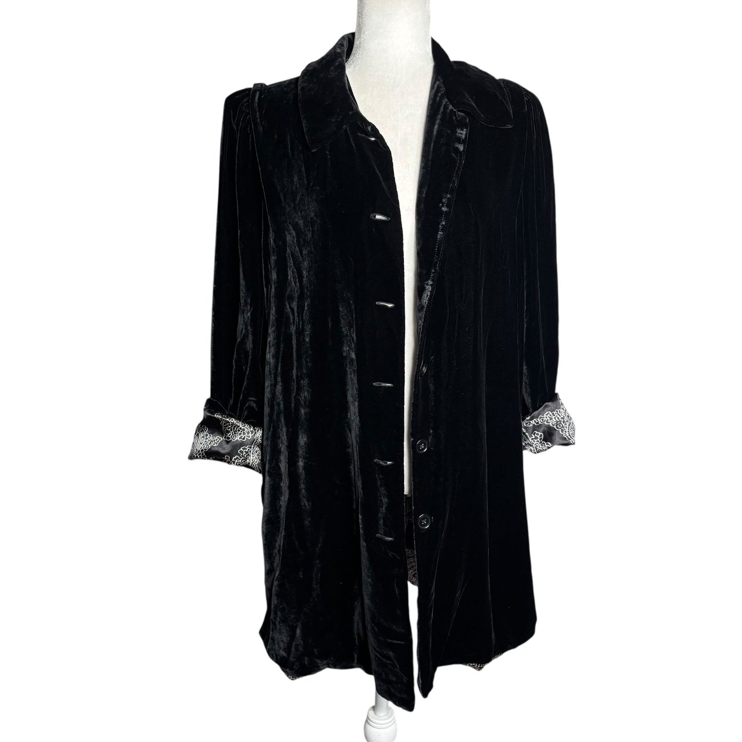 Lily Black Silk Velour Velvet Button Up Duster Coat Medium Floral Lined Pockets