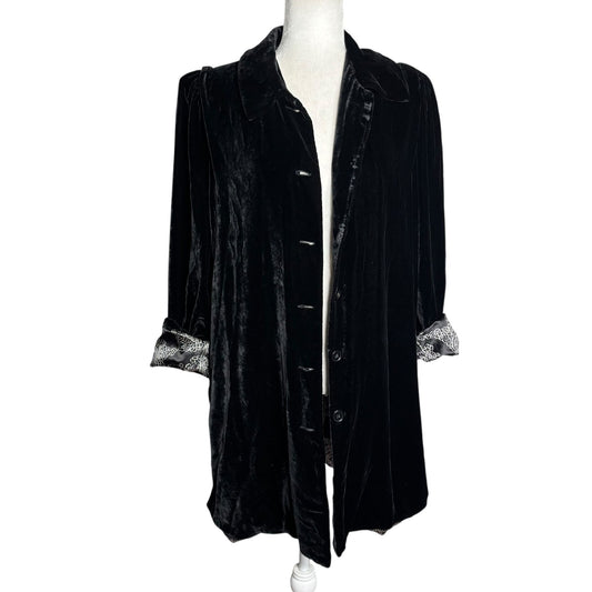 Lily Black Silk Velour Velvet Button Up Duster Coat Medium Floral Lined Pockets