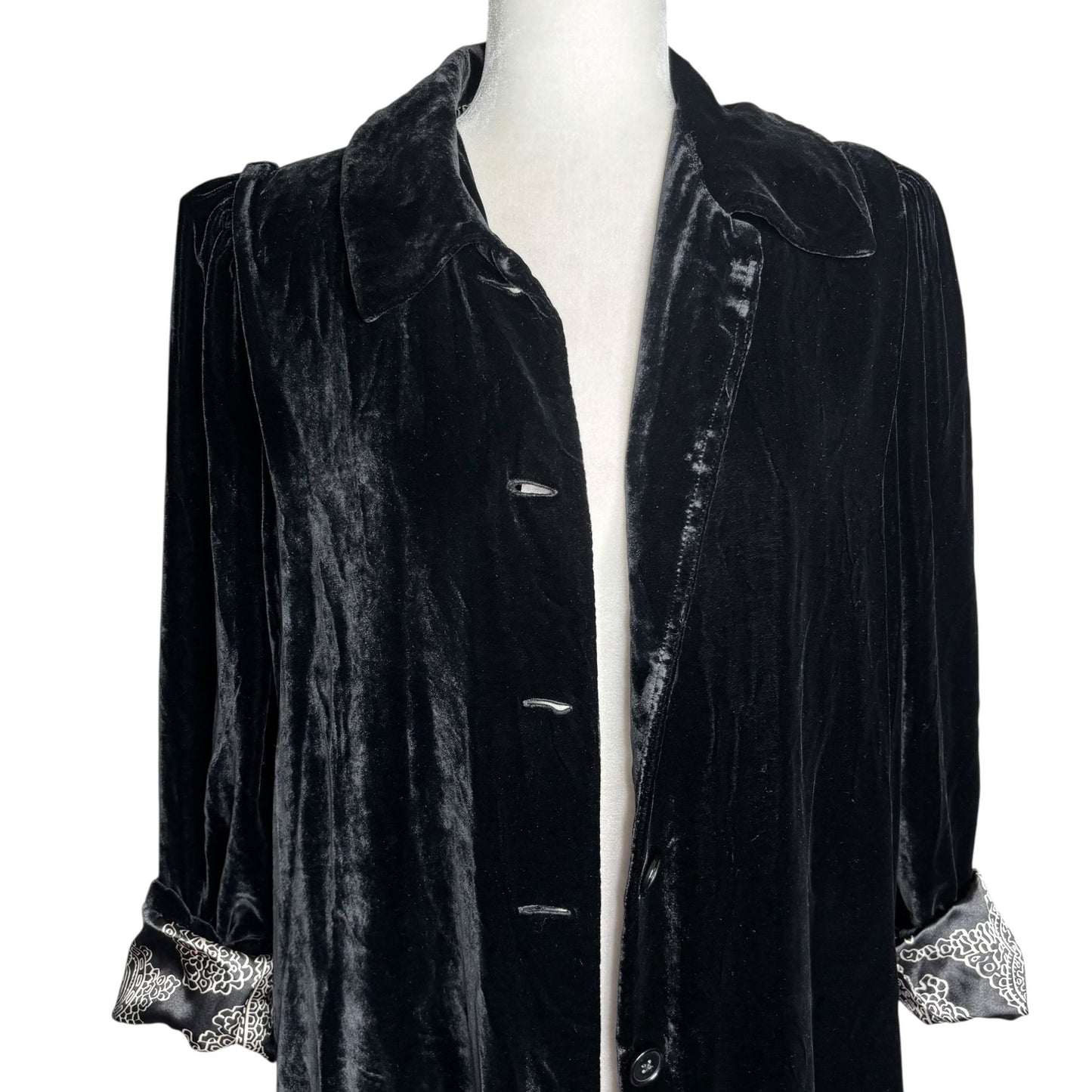 Lily Black Silk Velour Velvet Button Up Duster Coat Medium Floral Lined Pockets