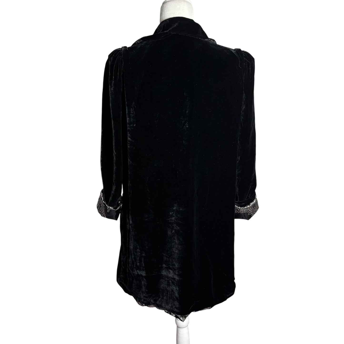 Lily Black Silk Velour Velvet Button Up Duster Coat Medium Floral Lined Pockets