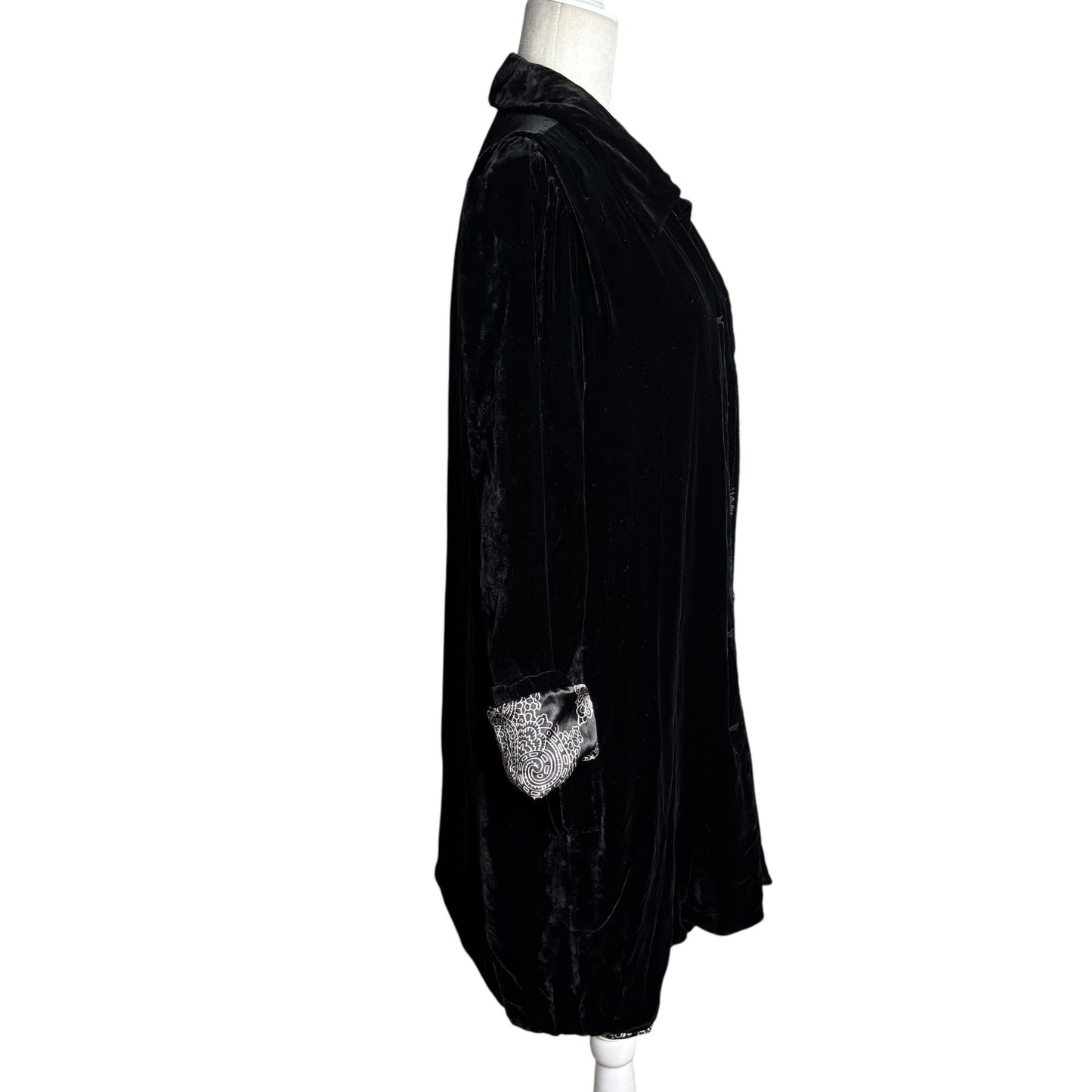 Lily Black Silk Velour Velvet Button Up Duster Coat Medium Floral Lined Pockets