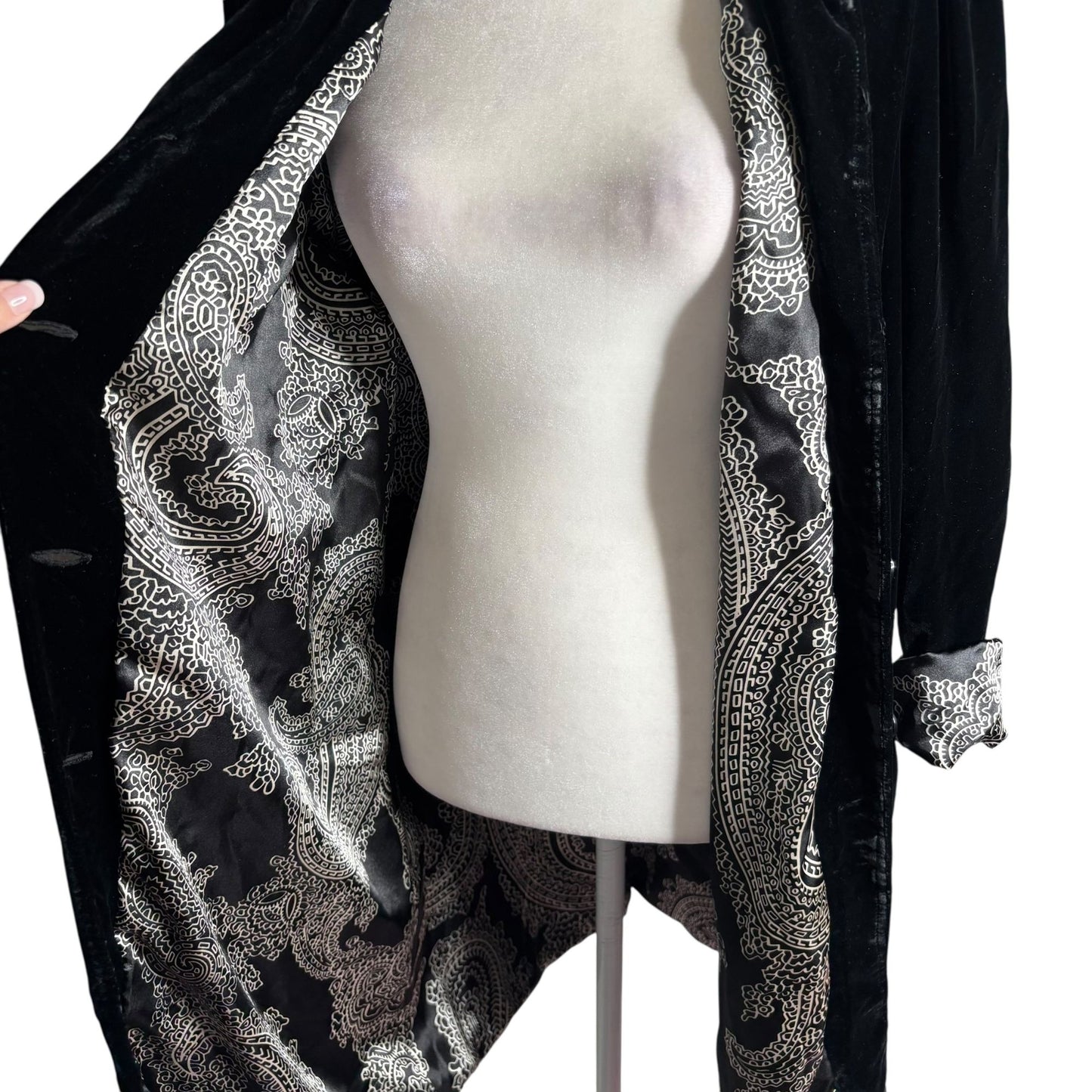 Lily Black Silk Velour Velvet Button Up Duster Coat Medium Floral Lined Pockets