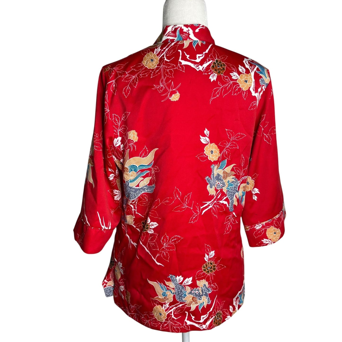 Vintage 70s Tori Richard Honolulu Red Dragon Mandarin Asian Tunic Top Medium