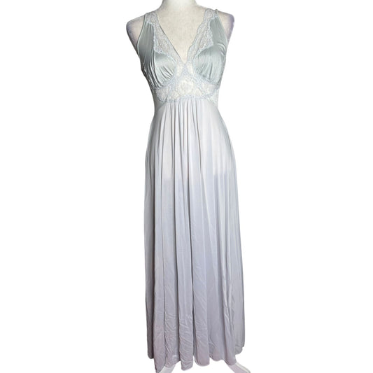 Vintage 70s Olga Nylon Maxi Nightgown Size Large Grey Lace Bodice Style 9296