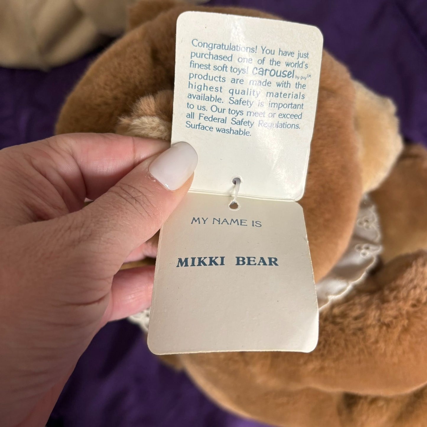 Vintage Carousel Mikki Bear Plush 1985 Brown Stuffed Animal 12" Surface Washable