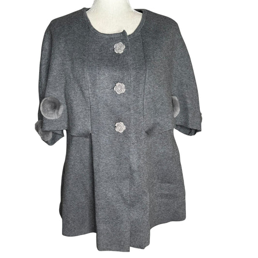 Gray Wool Short Sleeve Cape Coat Medium Fur Pom Pom Accents Rose Buttons