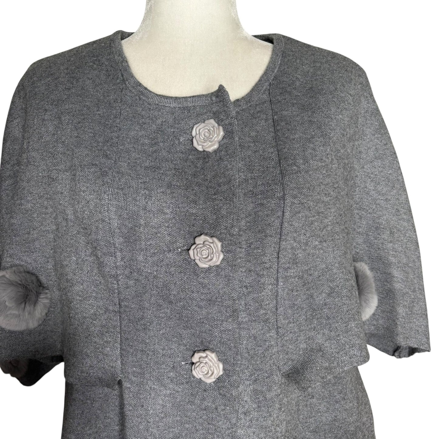 Gray Wool Short Sleeve Cape Coat Medium Fur Pom Pom Accents Rose Buttons
