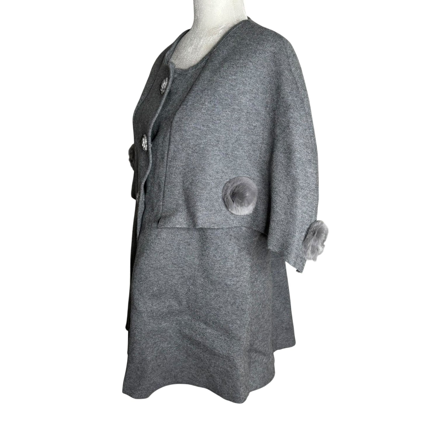 Gray Wool Short Sleeve Cape Coat Medium Fur Pom Pom Accents Rose Buttons