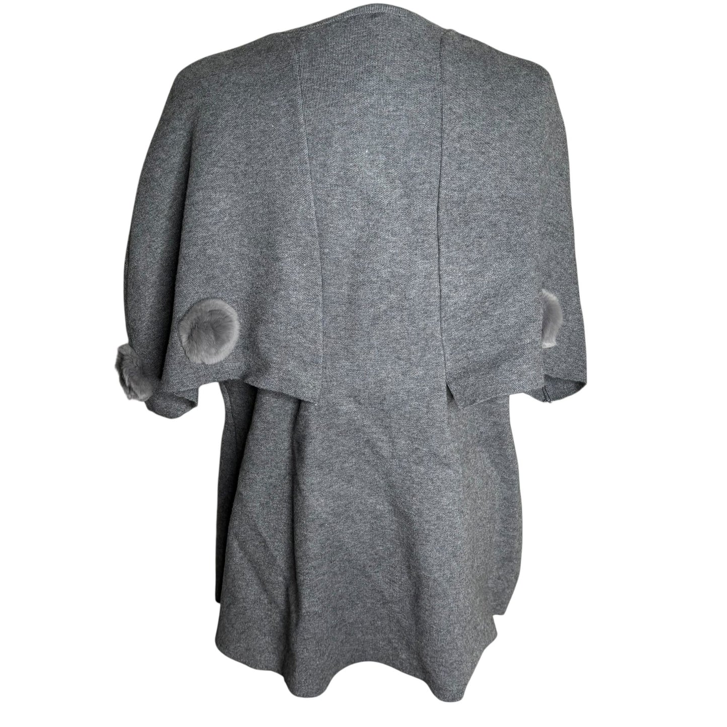 Gray Wool Short Sleeve Cape Coat Medium Fur Pom Pom Accents Rose Buttons