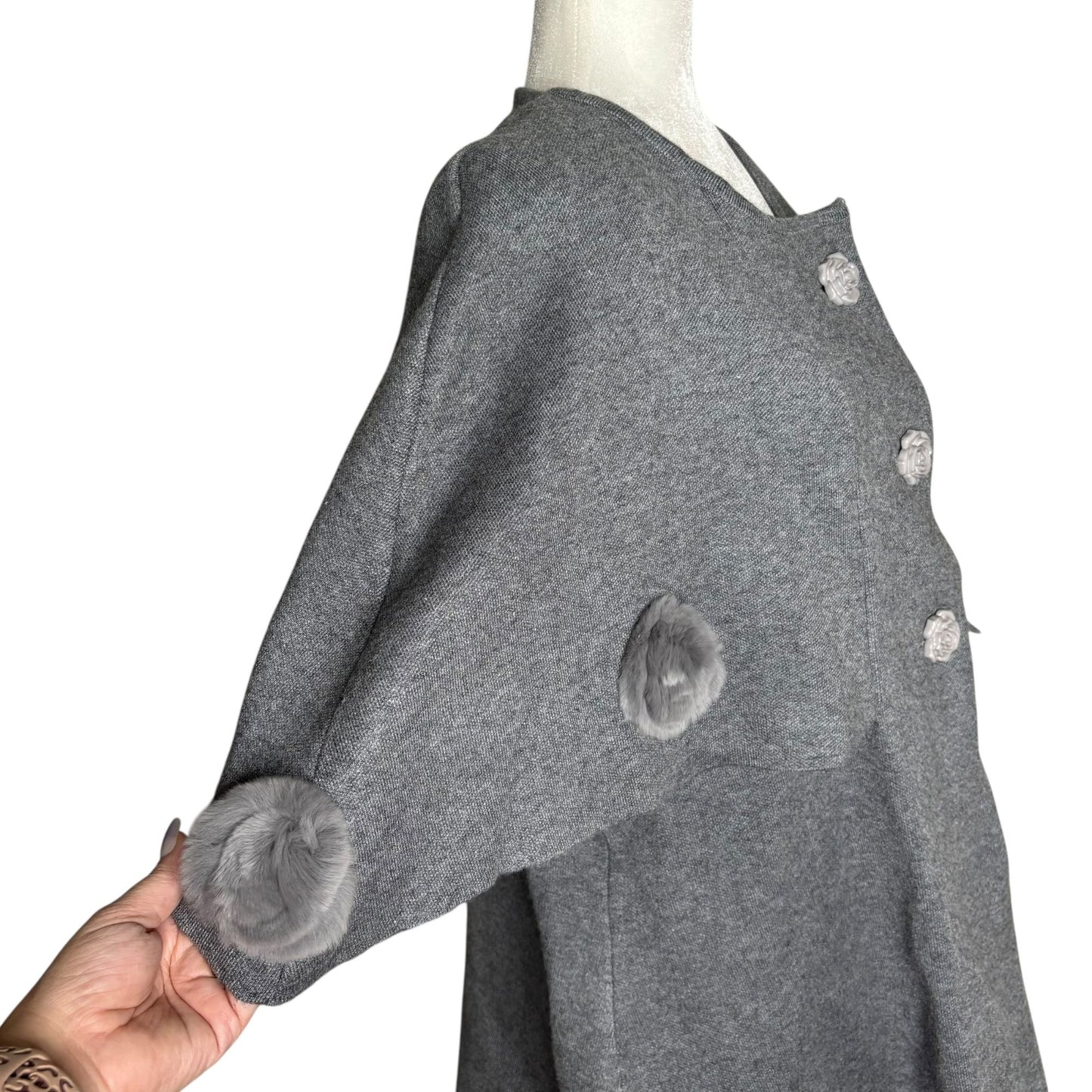 Gray Wool Short Sleeve Cape Coat Medium Fur Pom Pom Accents Rose Buttons