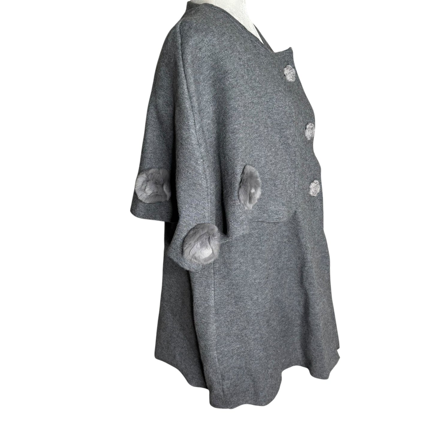 Gray Wool Short Sleeve Cape Coat Medium Fur Pom Pom Accents Rose Buttons