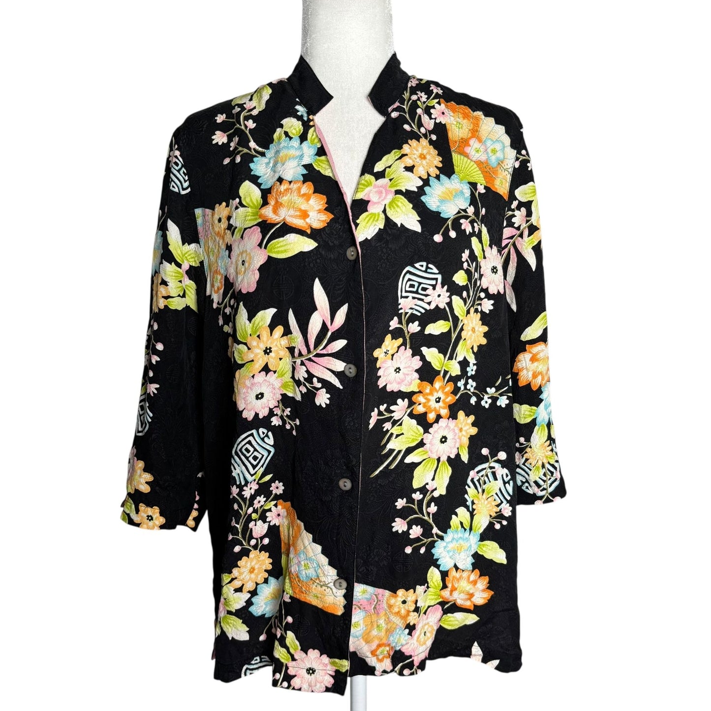 Silk Button Down Kimono Style Blouse Large Black Floral Mandarin Collar