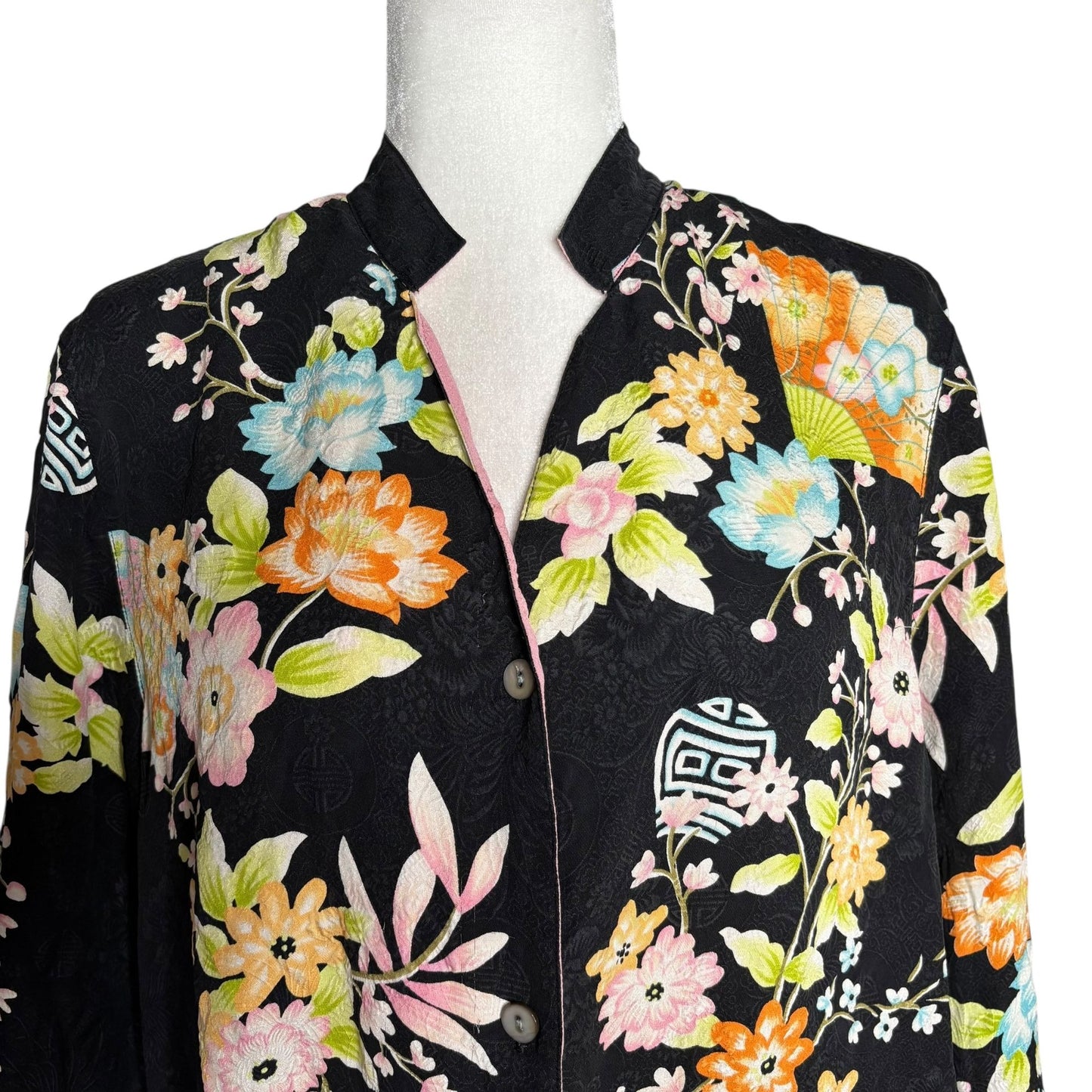 Silk Button Down Kimono Style Blouse Large Black Floral Mandarin Collar