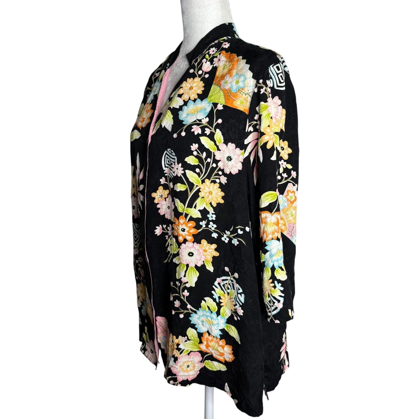 Silk Button Down Kimono Style Blouse Large Black Floral Mandarin Collar