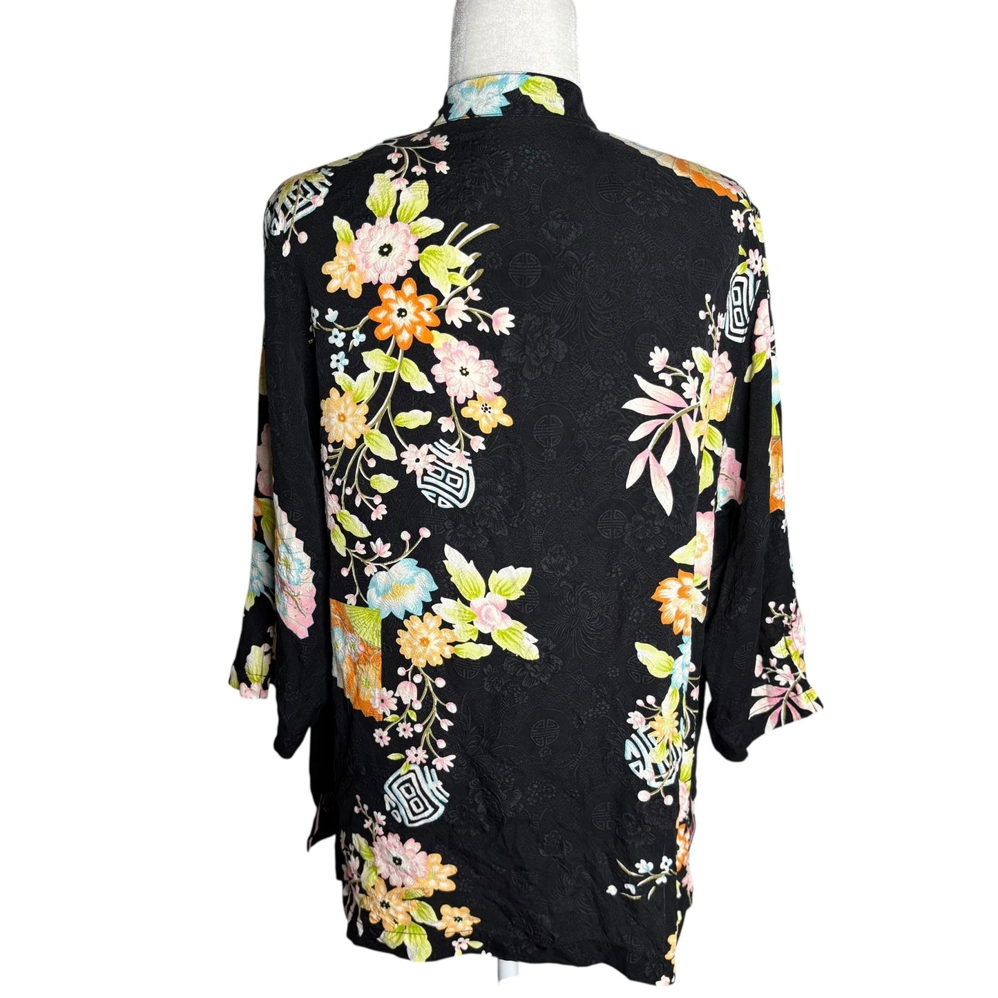 Silk Button Down Kimono Style Blouse Large Black Floral Mandarin Collar