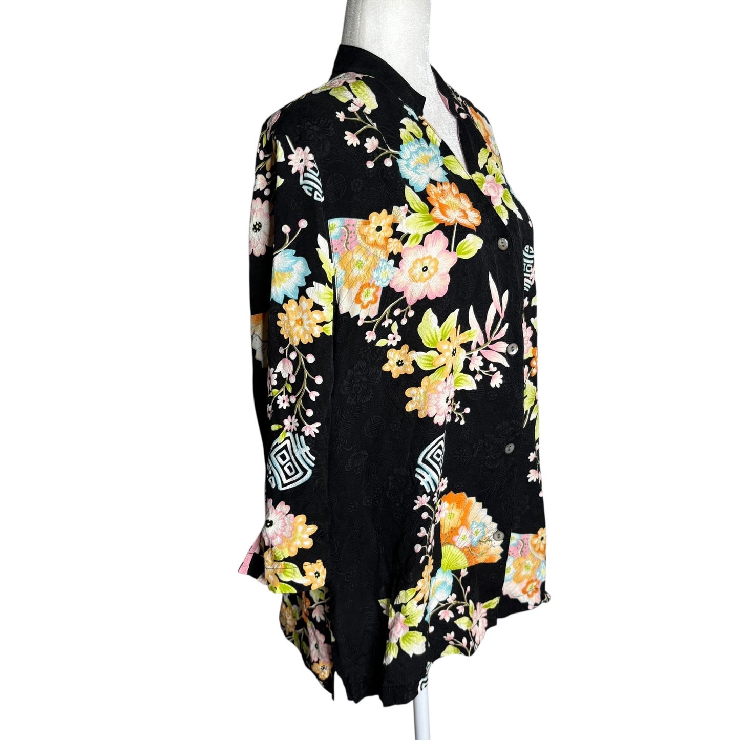 Silk Button Down Kimono Style Blouse Large Black Floral Mandarin Collar