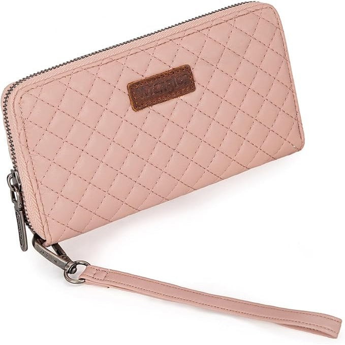 Wrangler Quilted RFID Blocking Wristlet Wallet Pink Faux Leather Zipper