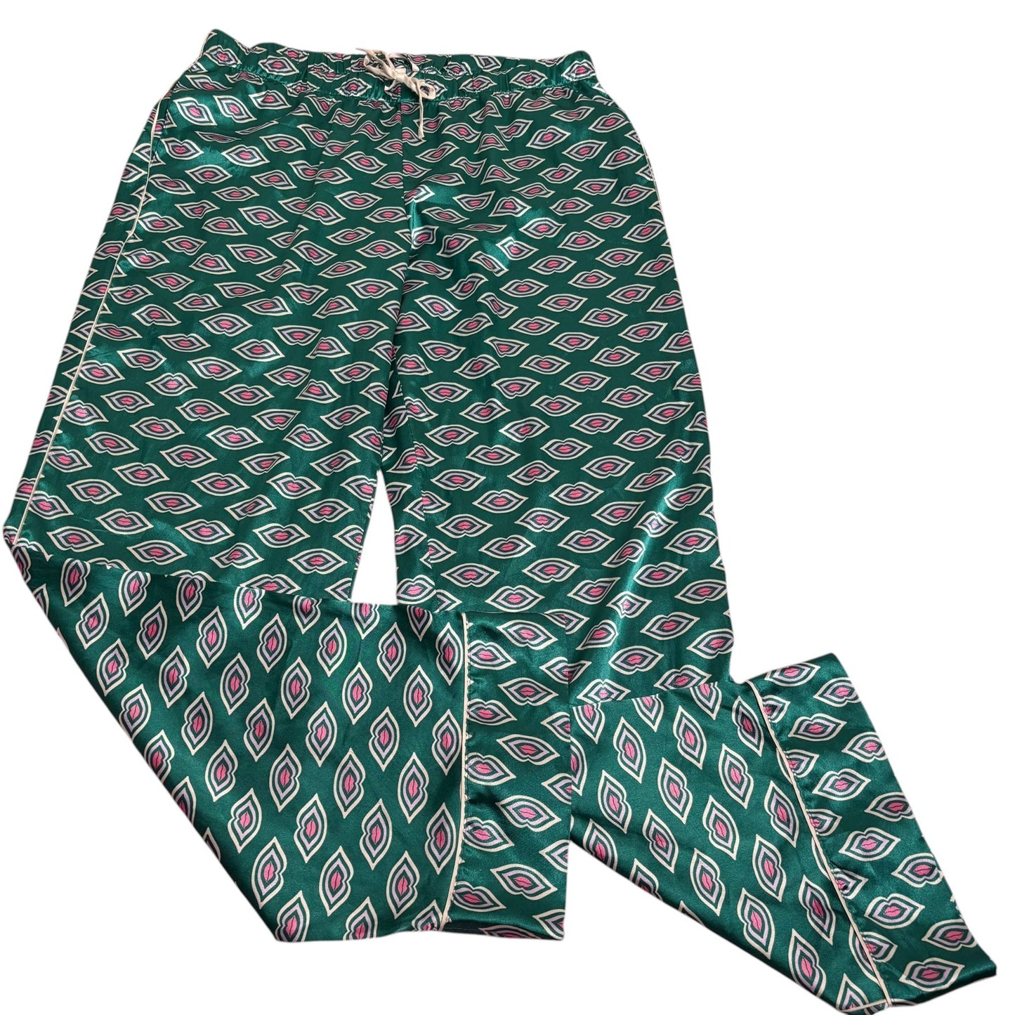 Victorias Secret Satin Pajama Pants Large Green Pink Lips Kiss Elastic Waist