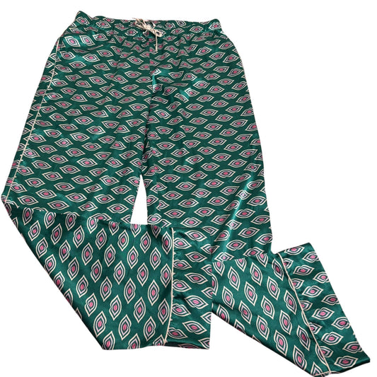 Victorias Secret Satin Pajama Pants Large Green Pink Lips Kiss Elastic Waist