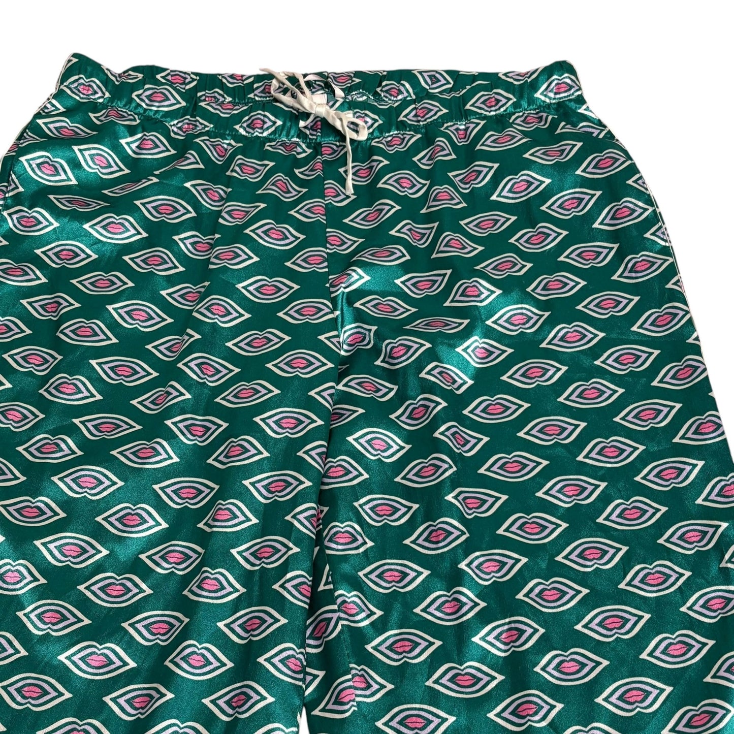 Victorias Secret Satin Pajama Pants Large Green Pink Lips Kiss Elastic Waist
