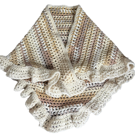 Handmade Beige Brown Cream Crochet Knit Shawl Wrap With Ruffled Edges Soft NEW