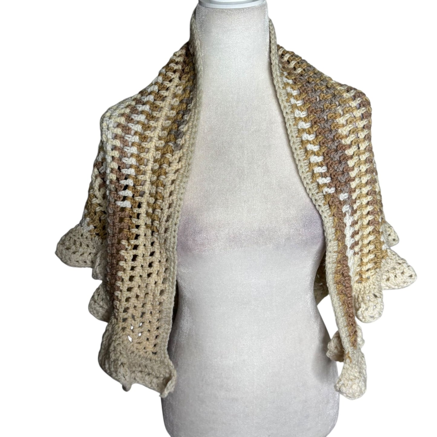 Handmade Beige Brown Cream Crochet Knit Shawl Wrap With Ruffled Edges Soft NEW