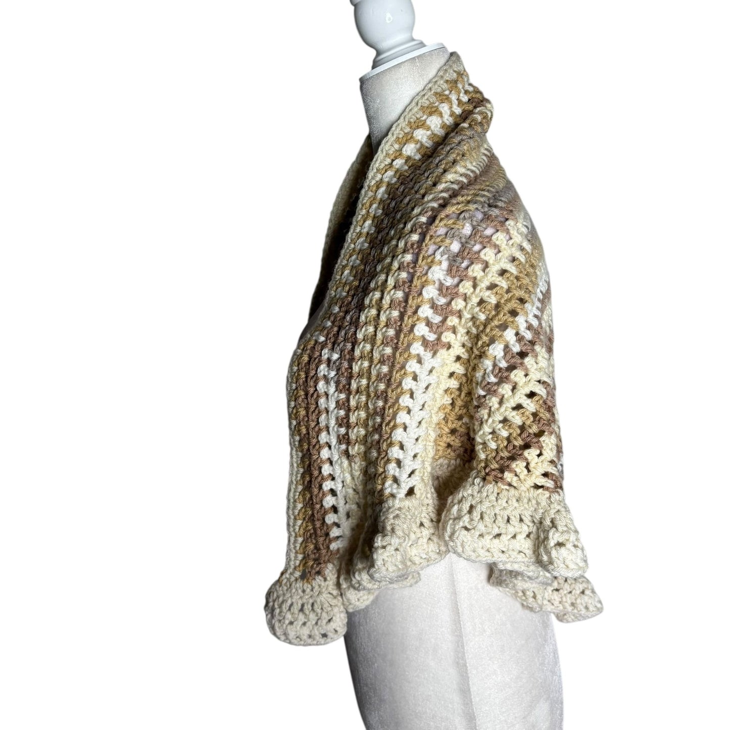 Handmade Beige Brown Cream Crochet Knit Shawl Wrap With Ruffled Edges Soft NEW
