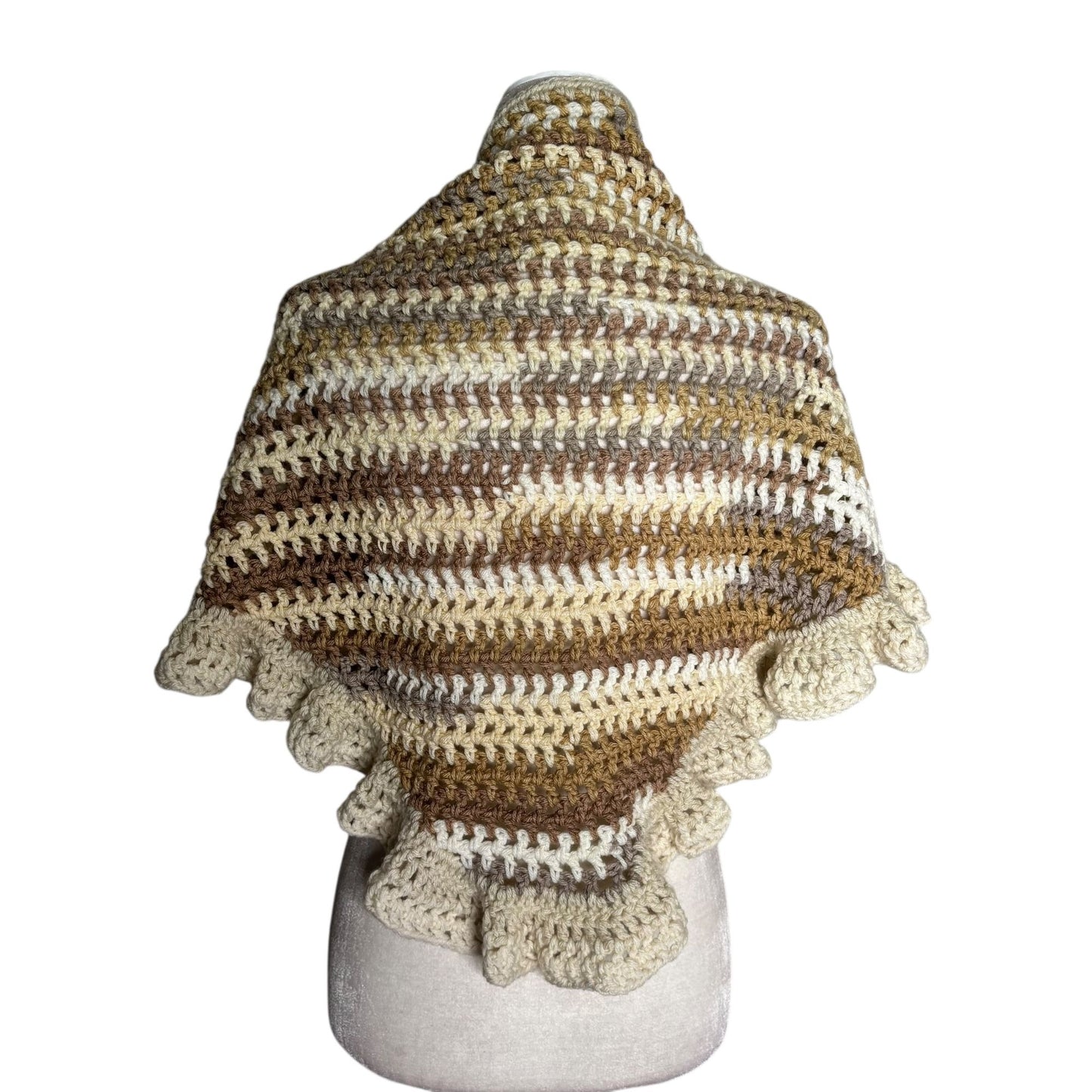 Handmade Beige Brown Cream Crochet Knit Shawl Wrap With Ruffled Edges Soft NEW