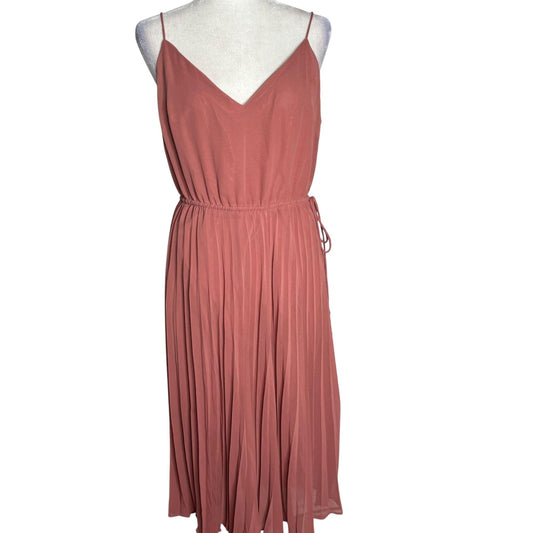 Asos Pleated Midi Dress Size 10 Rose Pink Spaghetti Straps V Neck Lined Elastic