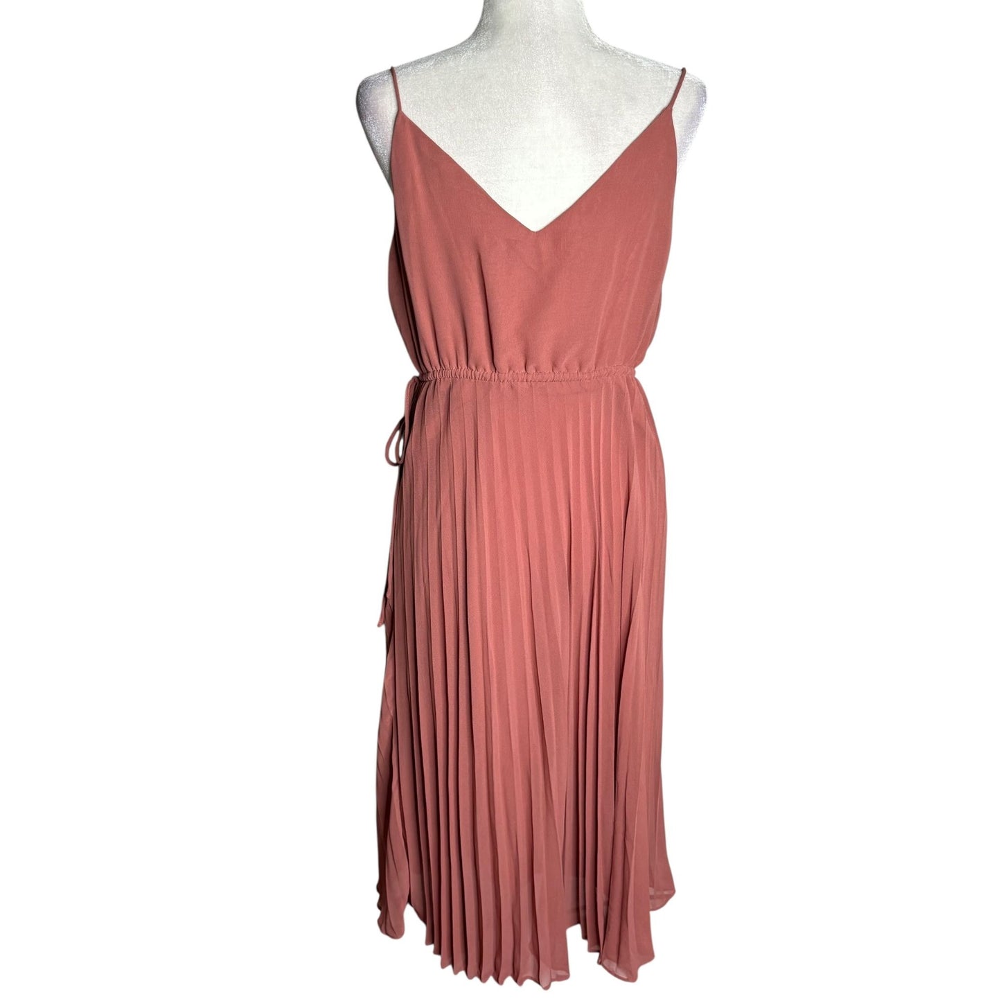 Asos Pleated Midi Dress Size 10 Rose Pink Spaghetti Straps V Neck Lined Elastic