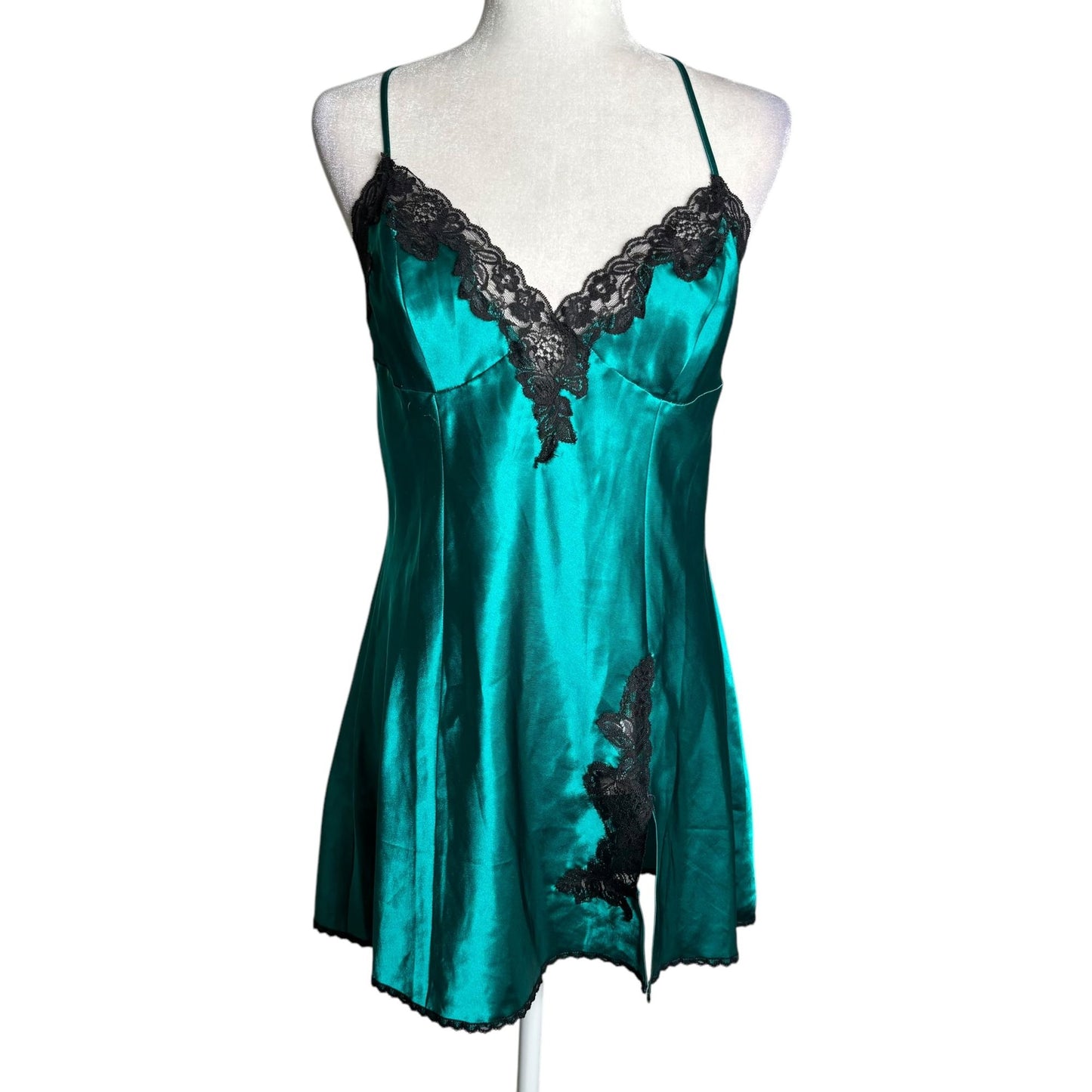 Fredericks Of Hollywood Green Black Lace Satin Chemise Lingerie Nightgown Large