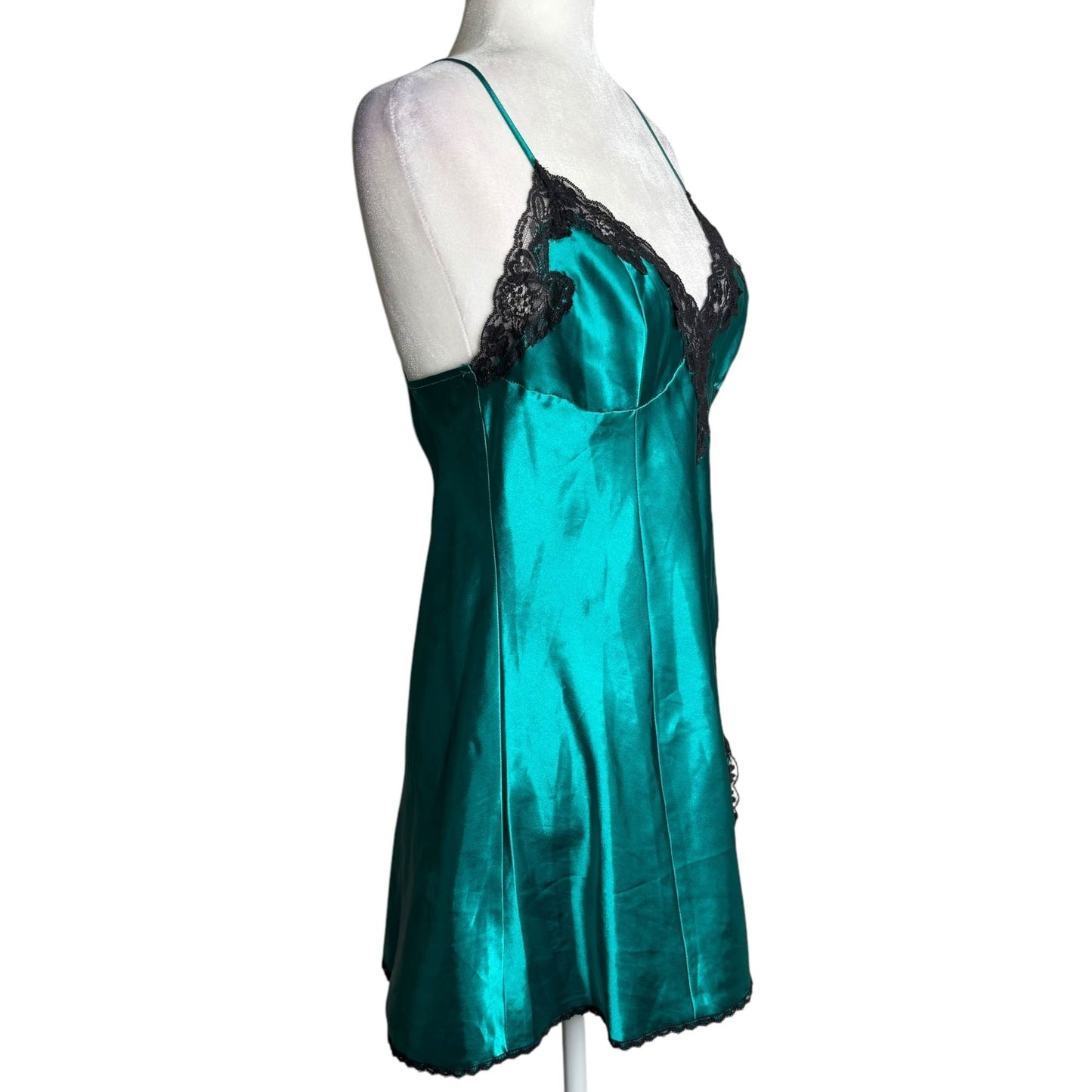 Fredericks Of Hollywood Green Black Lace Satin Chemise Lingerie Nightgown Large
