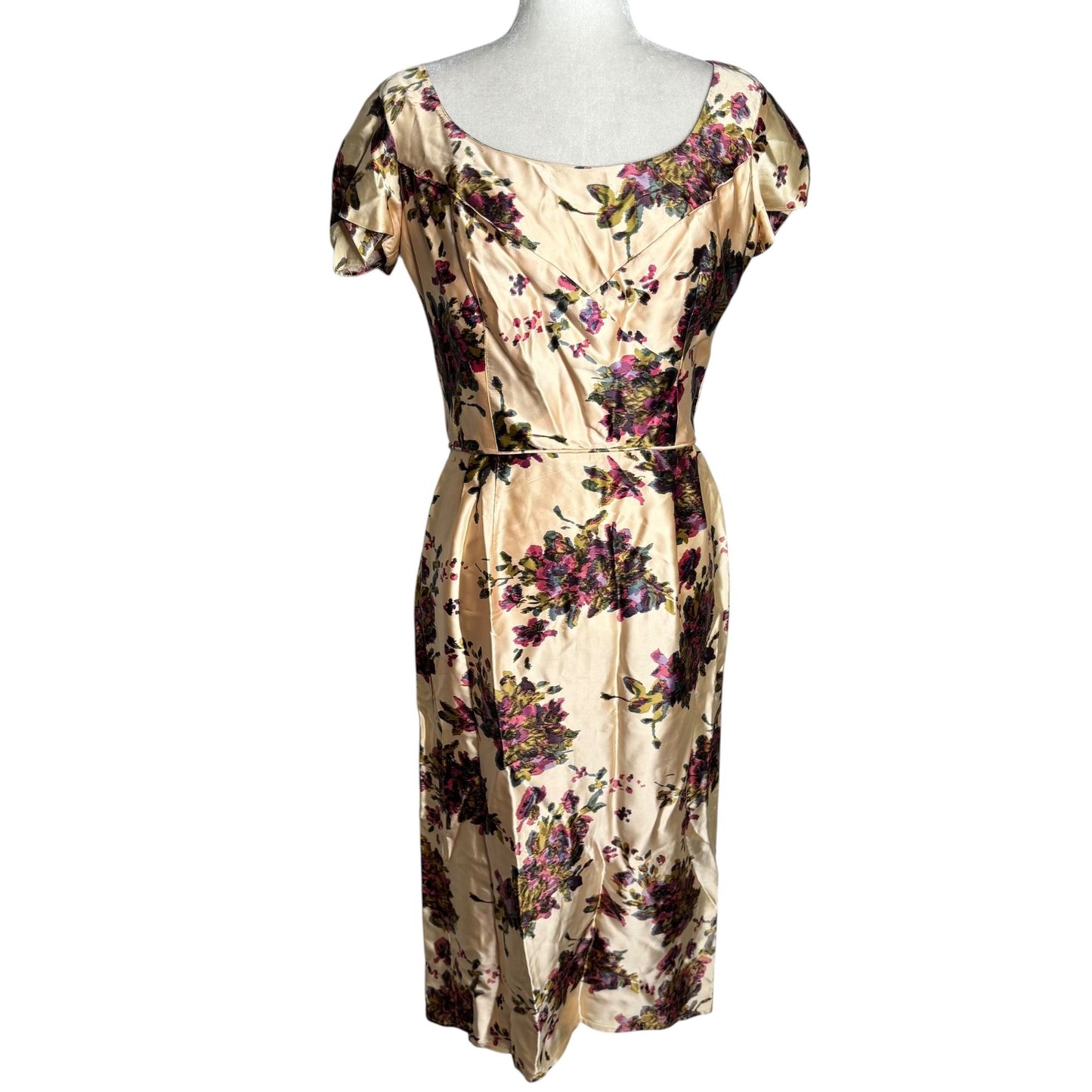 Vintage 50s Jeanette Alexander Of California Floral Satin Dress Small Cream Zip