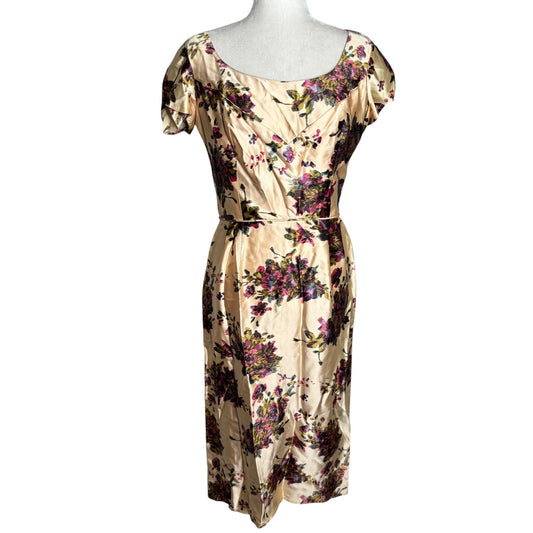 Vintage 50s Jeanette Alexander Of California Floral Satin Dress Small Cream Zip