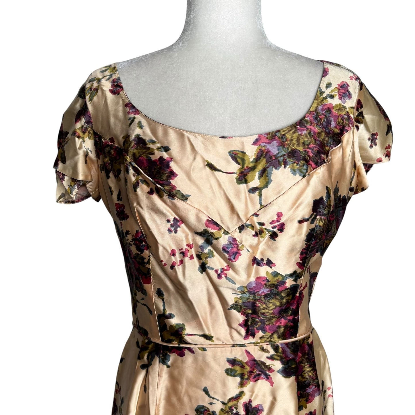 Vintage 50s Jeanette Alexander Of California Floral Satin Dress Small Cream Zip