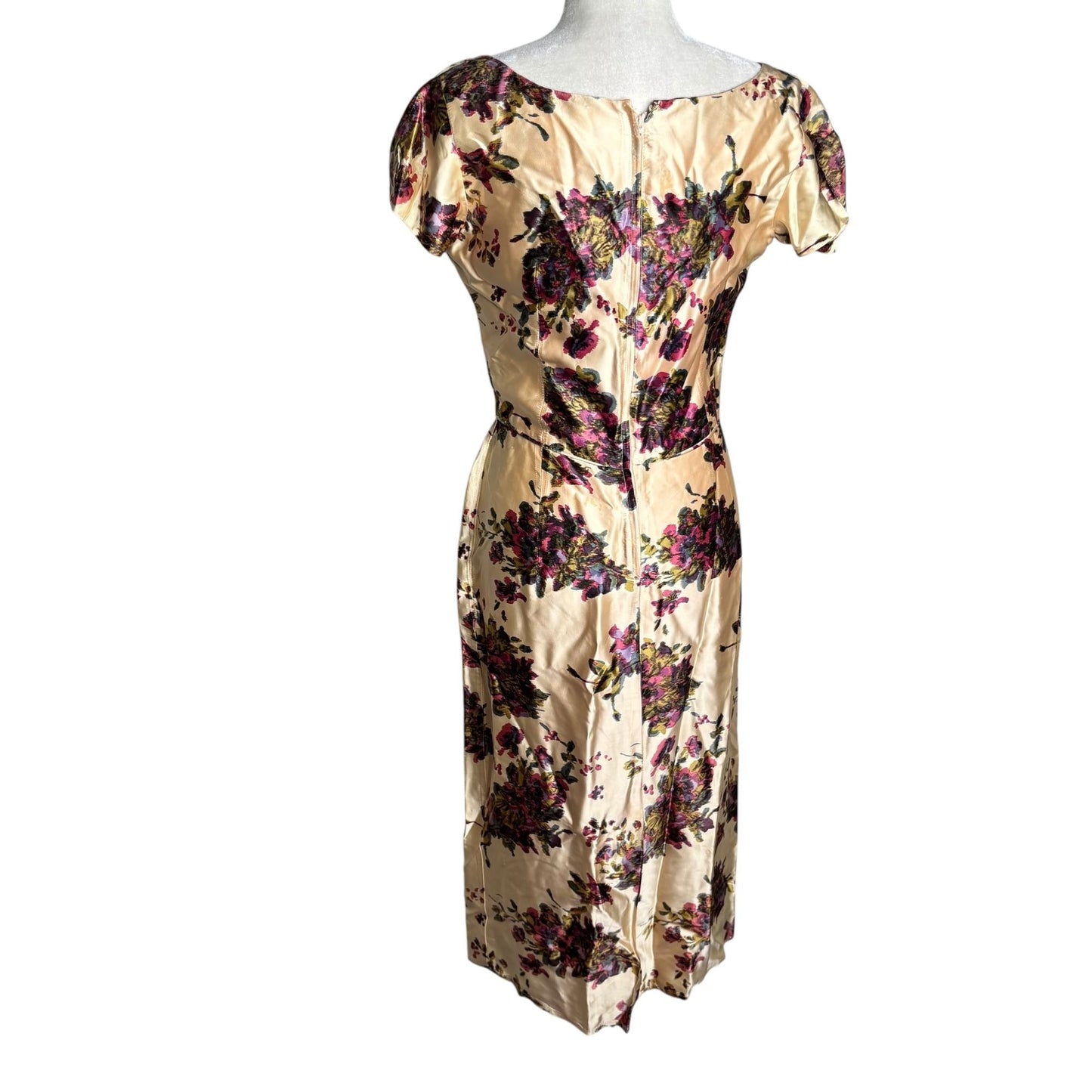 Vintage 50s Jeanette Alexander Of California Floral Satin Dress Small Cream Zip