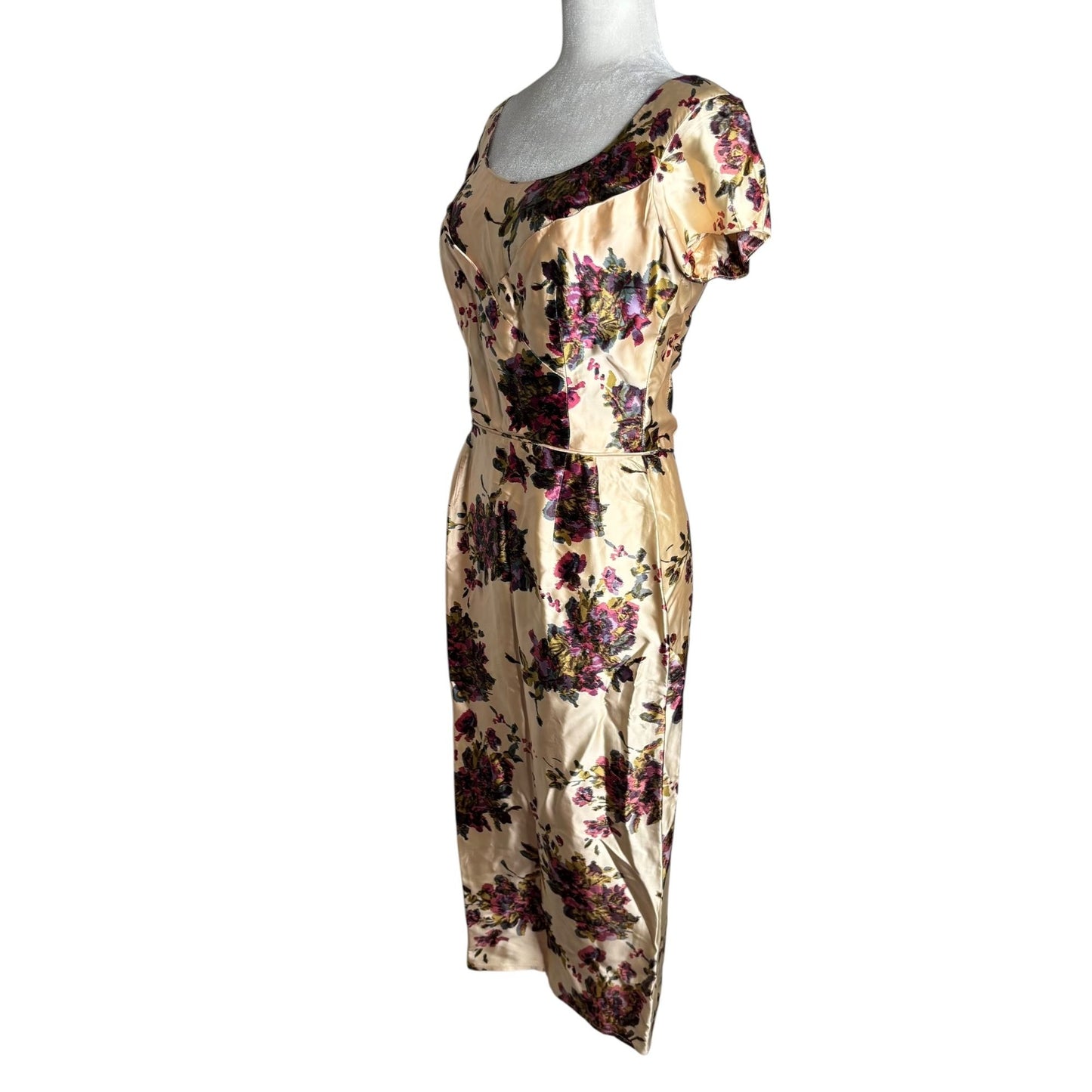 Vintage 50s Jeanette Alexander Of California Floral Satin Dress Small Cream Zip