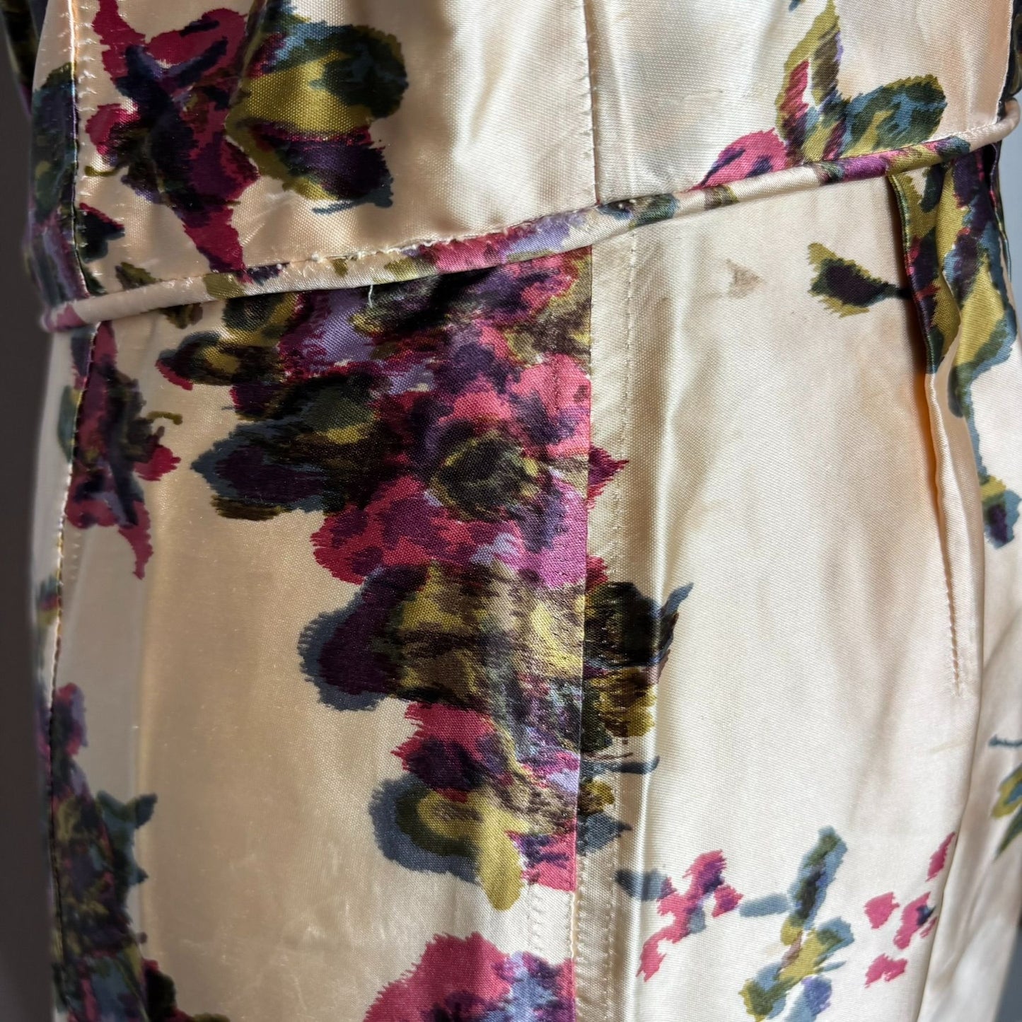 Vintage 50s Jeanette Alexander Of California Floral Satin Dress Small Cream Zip